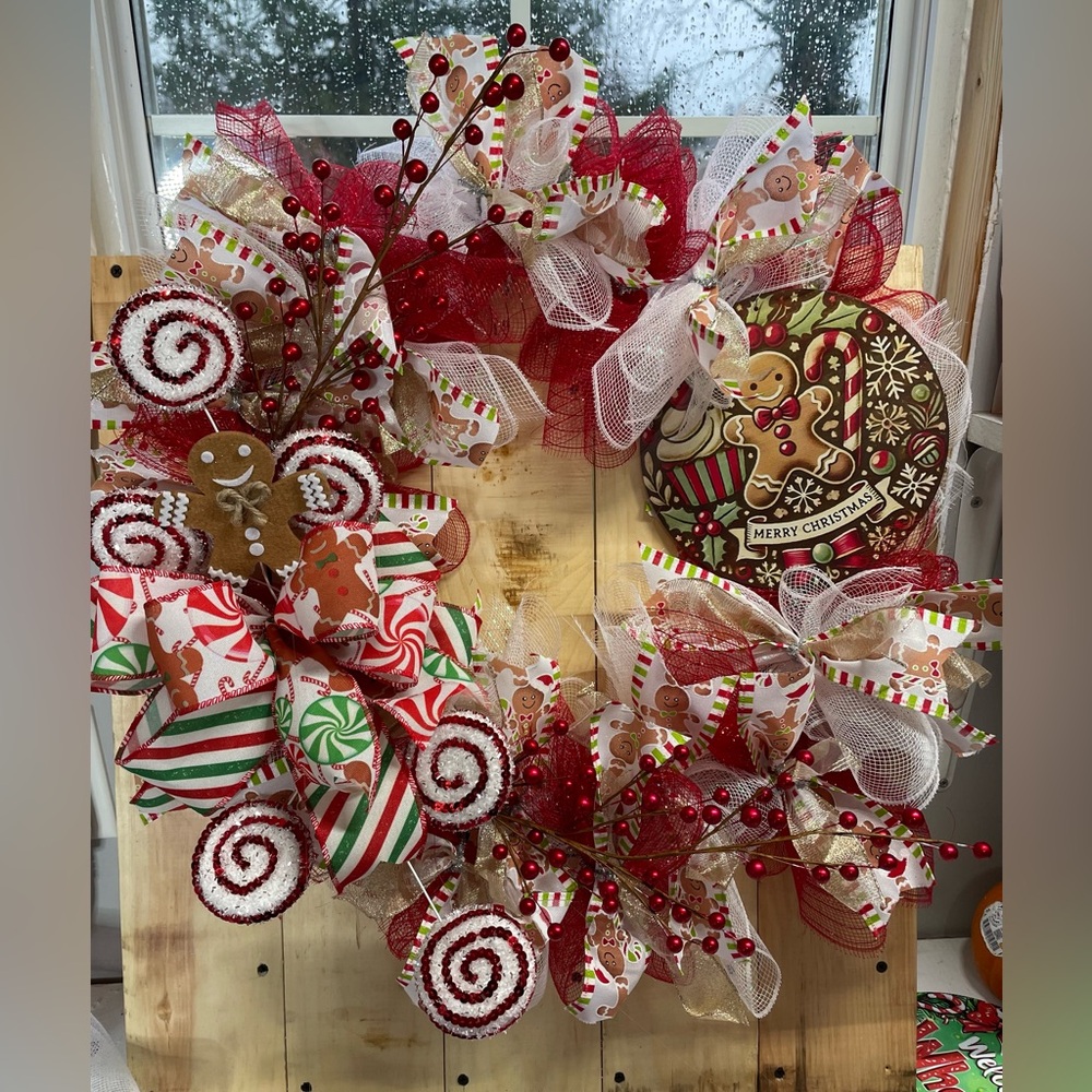Festive Red and Gold Holiday Wreath Handmade
